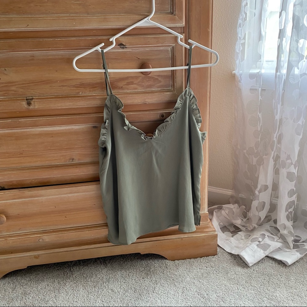 ANNA GRACE green adjustable spaghetti strap tank top with ruffle detail v neck